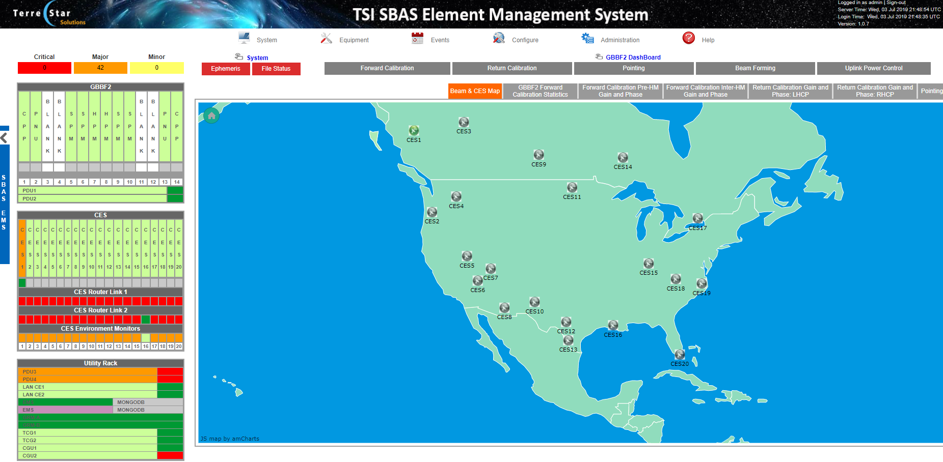 Satellite system monitoring interface with a map and terminal status